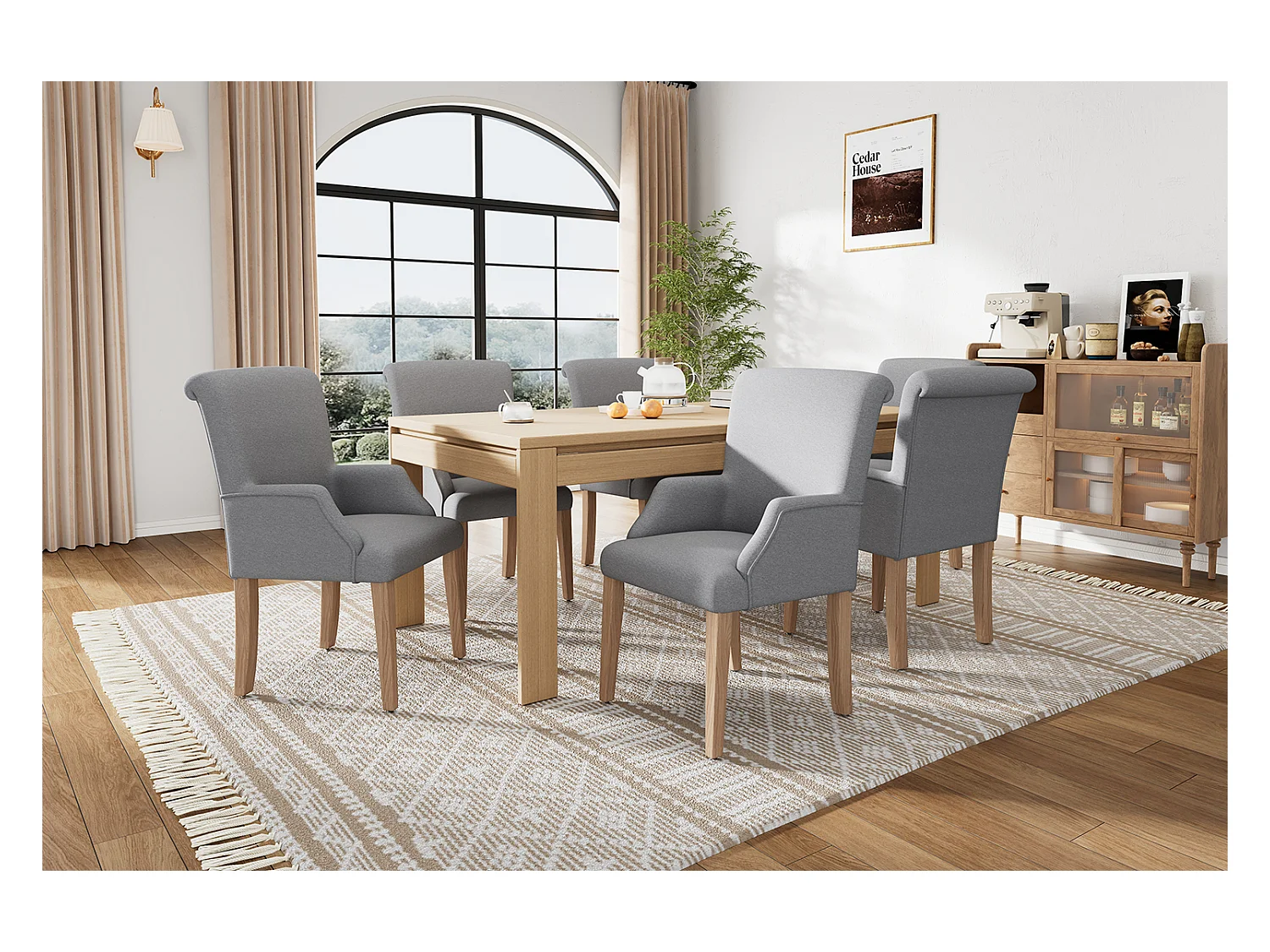 Lot de 6 chaises de salle à manger en lin, pieds en bois massif, coussins épais, pieds réglables, gris