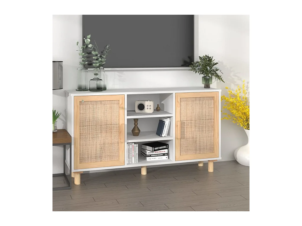 Buffet Blanc 105x30x60 cm Bois de pin massif et rotin naturel