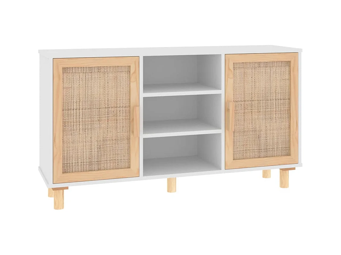 Buffet Blanc 105x30x60 cm Bois de pin massif et rotin naturel