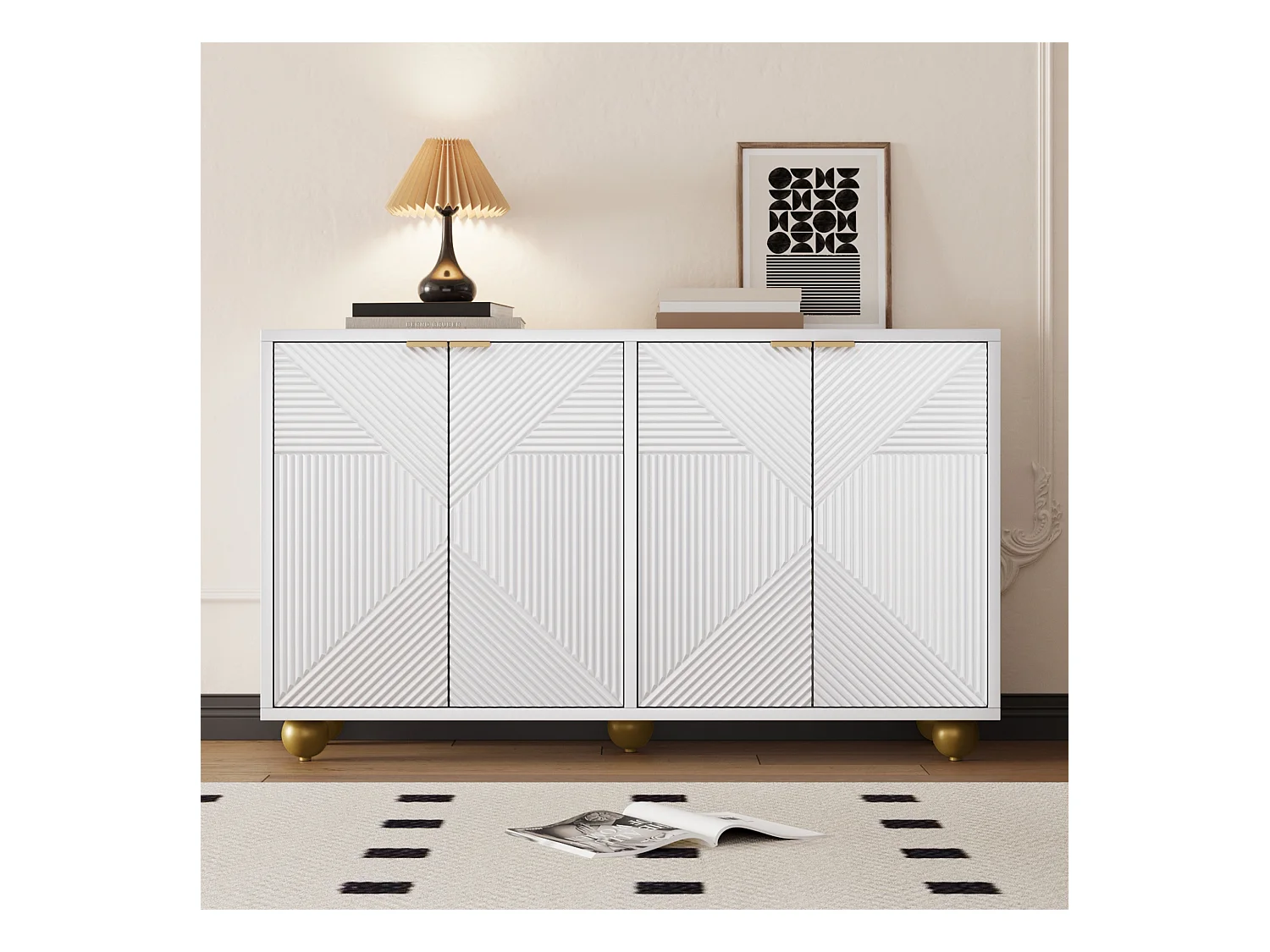 Buffet blanc avec 4 portes, étagères réglables, dimensions 120x35x71,5 cm