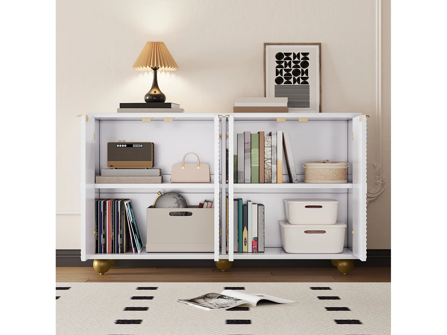 Buffet blanc avec 4 portes, étagères réglables, dimensions 120x35x71,5 cm