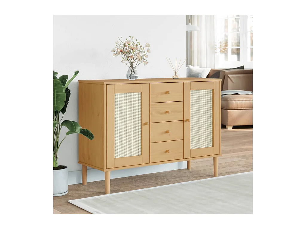 Buffet aspect rotin marron 112x40x80cm bois massif de pin