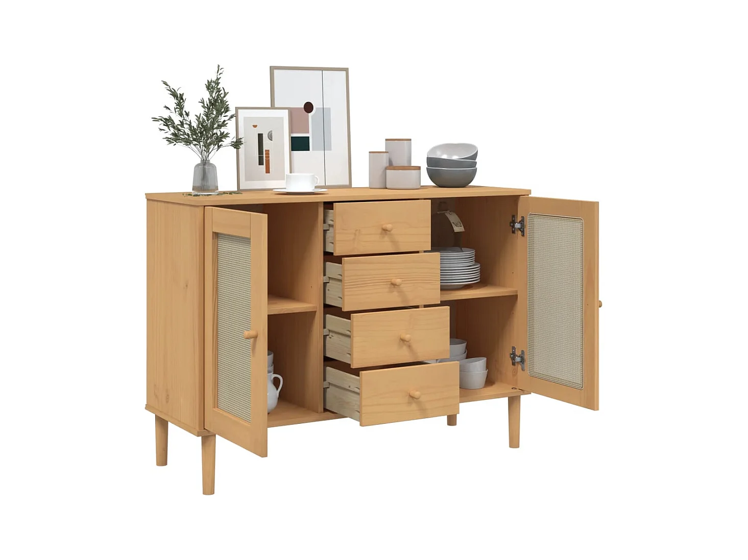 Buffet aspect rotin marron 112x40x80cm bois massif de pin