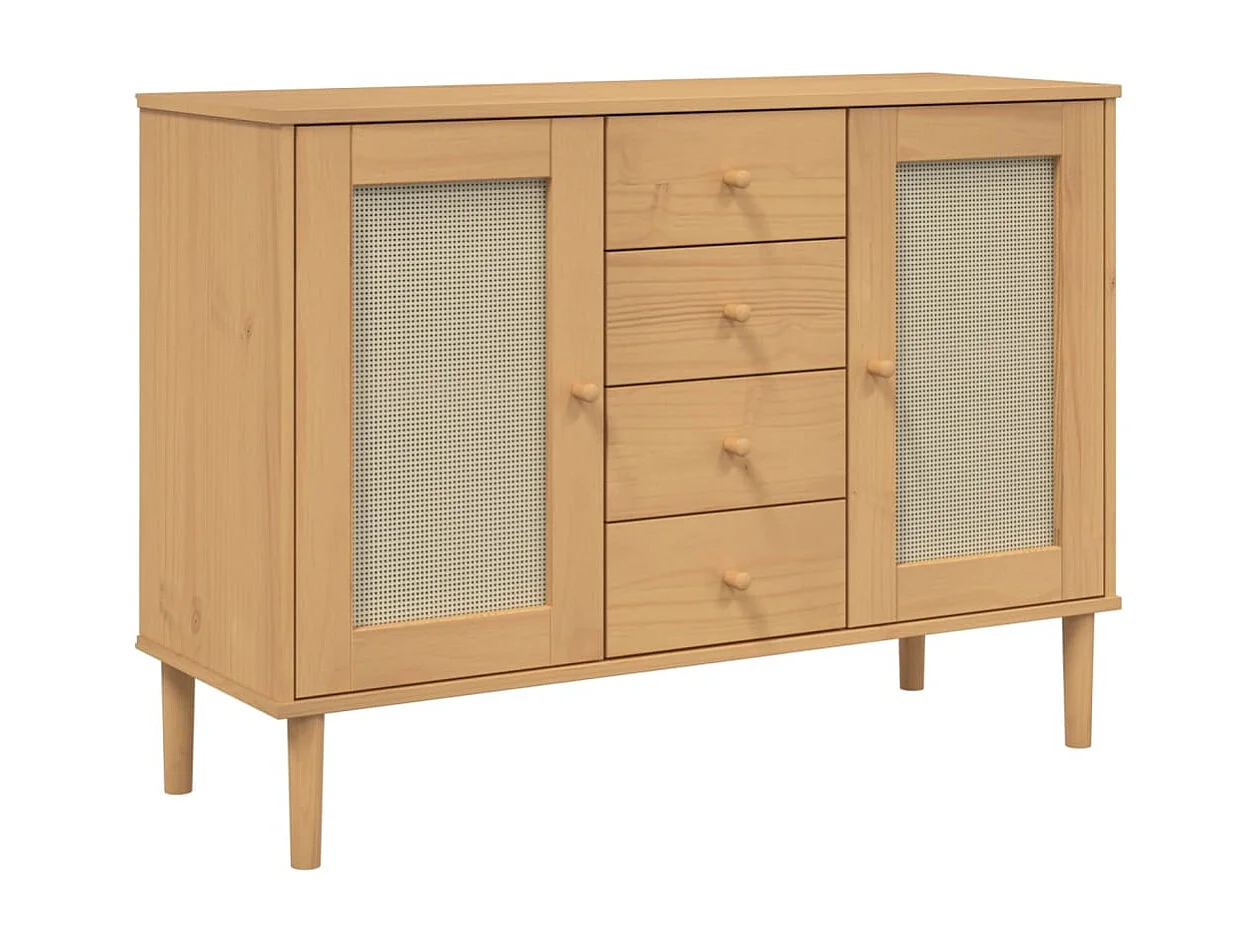 Buffet aspect rotin marron 112x40x80cm bois massif de pin