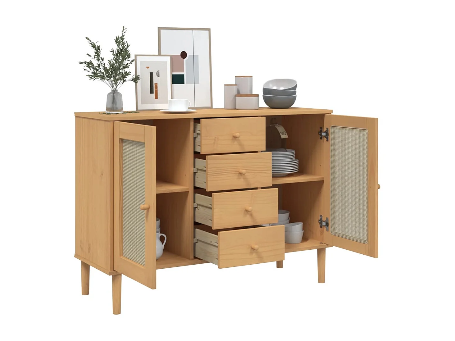 Buffet aspect rotin marron 112x40x80cm bois massif de pin