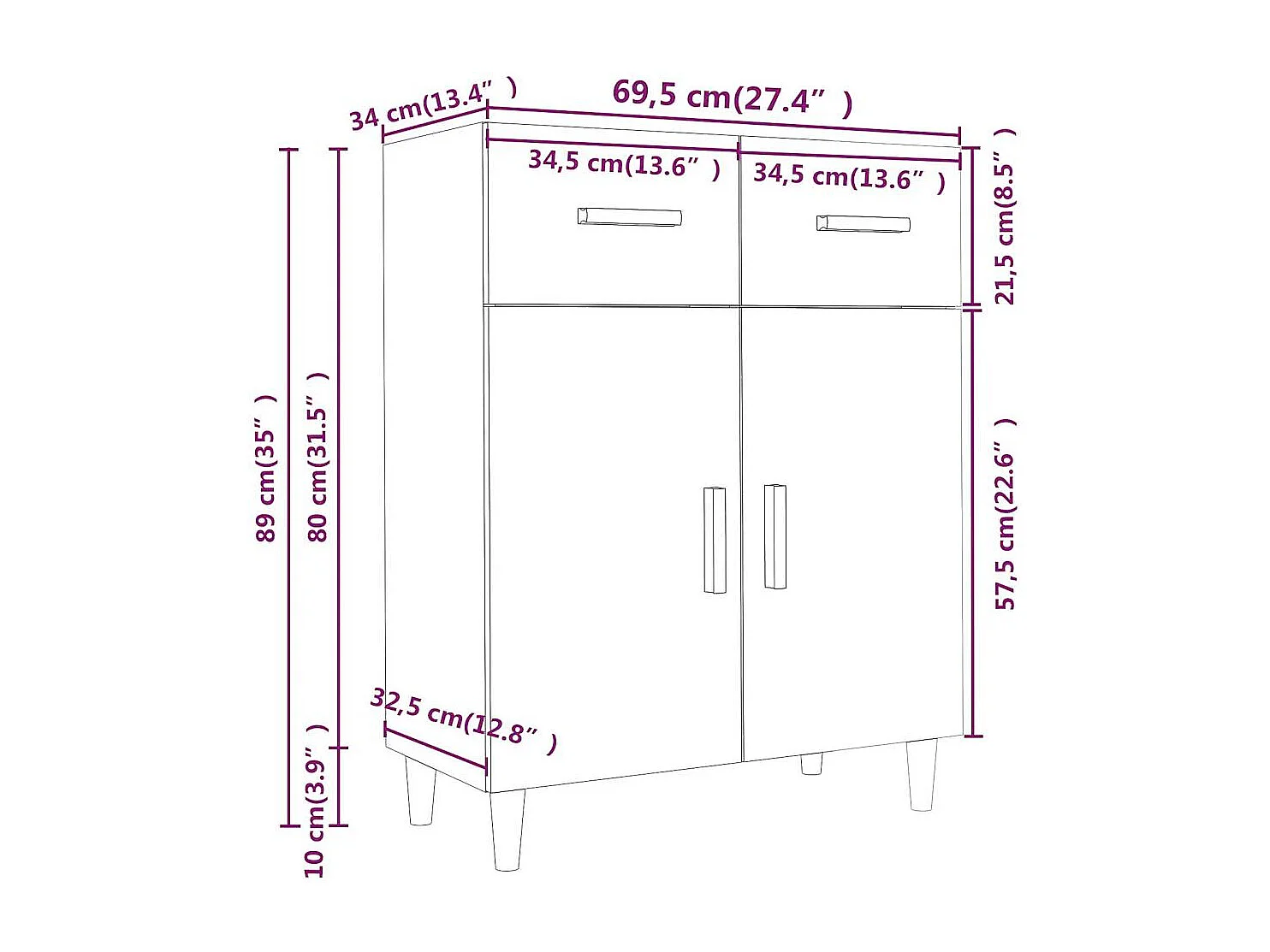 Sideboard aus geräucherter Eiche, 69,5 x 34 x 89 cm, Holzwerkstoff