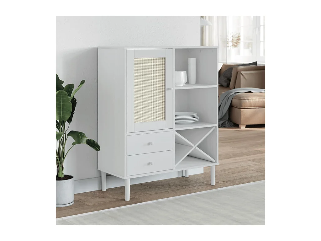 Buffet aspect rotin blanc 90x40x112cm bois massif de pin