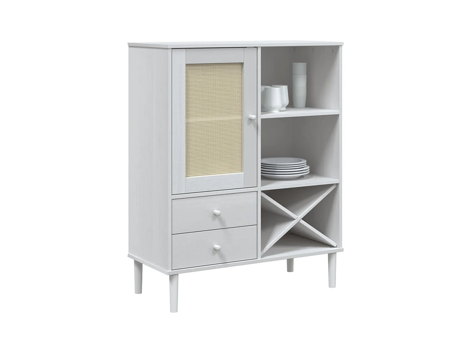 Buffet aspect rotin blanc 90x40x112cm bois massif de pin