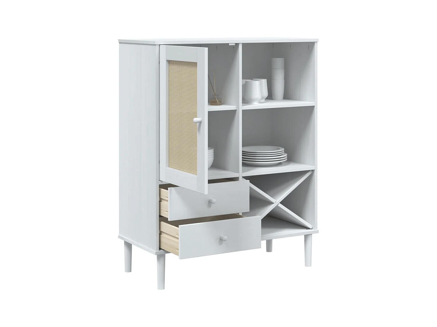 Buffet aspect rotin blanc 90x40x112cm bois massif de pin