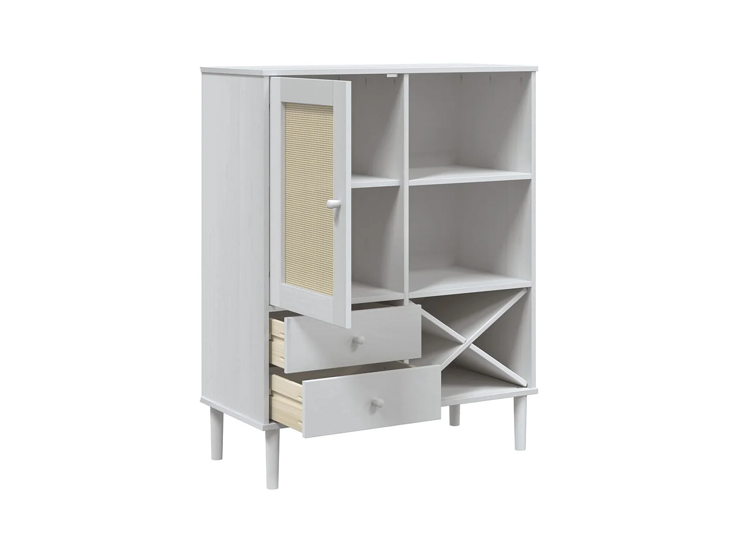 Buffet aspect rotin blanc 90x40x112cm bois massif de pin