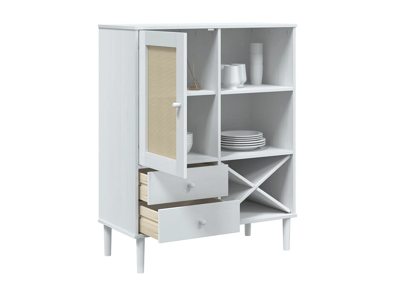 Buffet aspect rotin blanc 90x40x112cm bois massif de pin