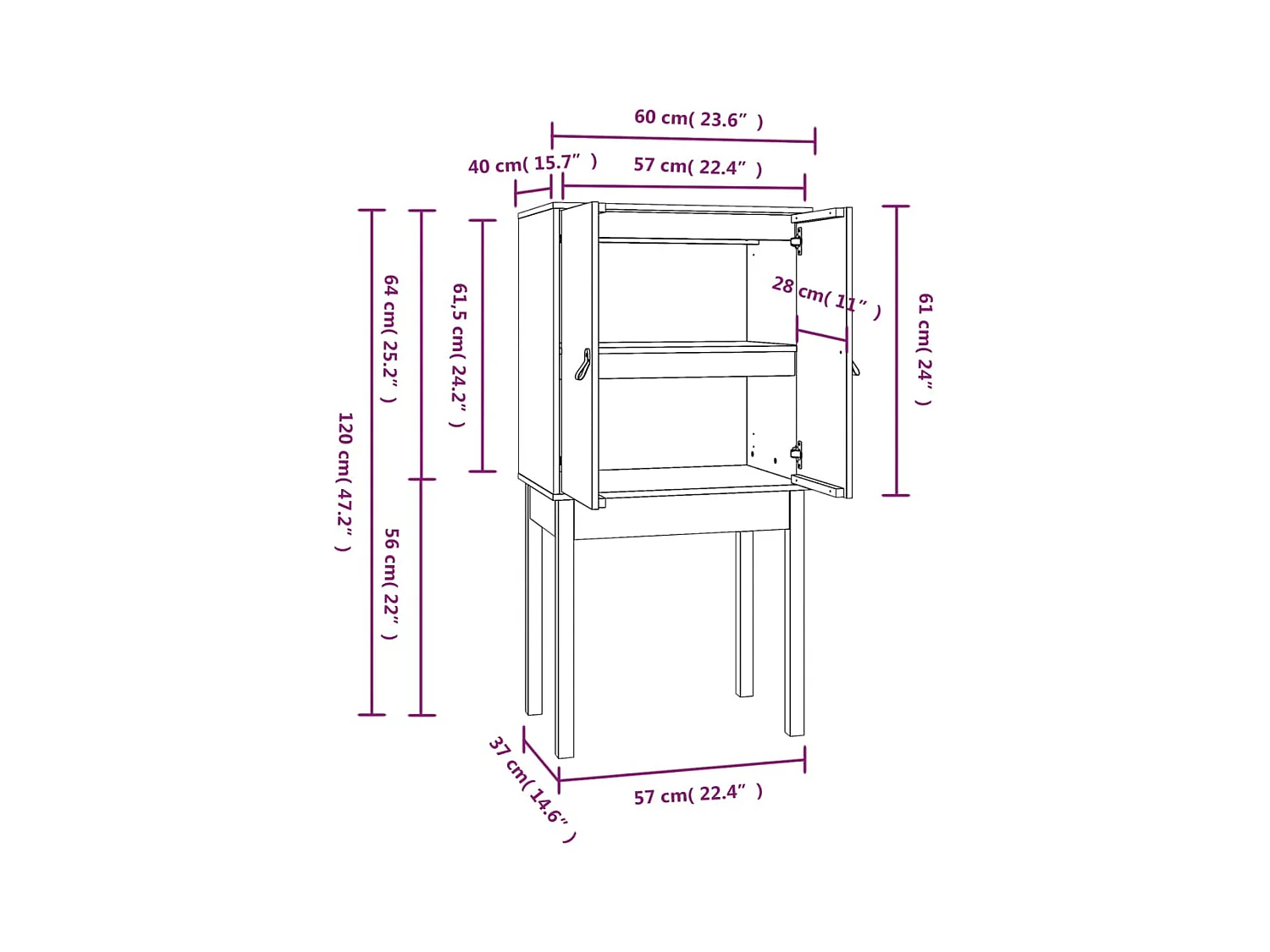 Credenza alta Bianca 60x40x120 cm Legno massello di pino