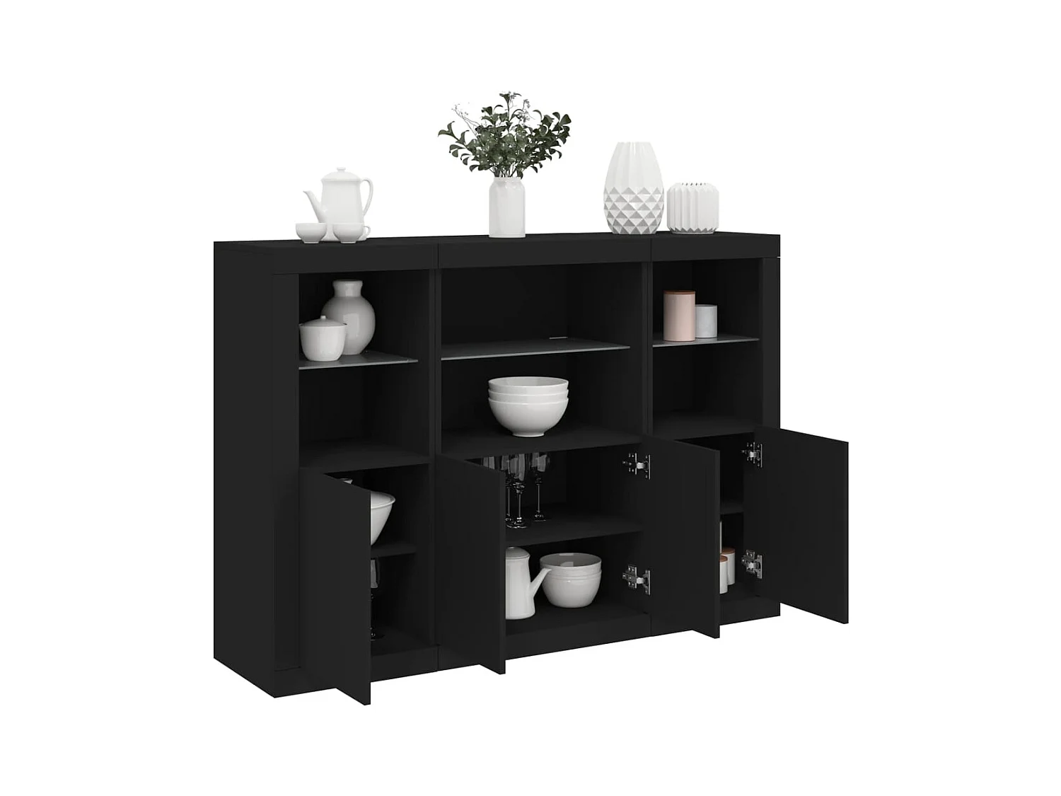 Buffets avec lumières LED 3 pcs noir bois d'ingénierie