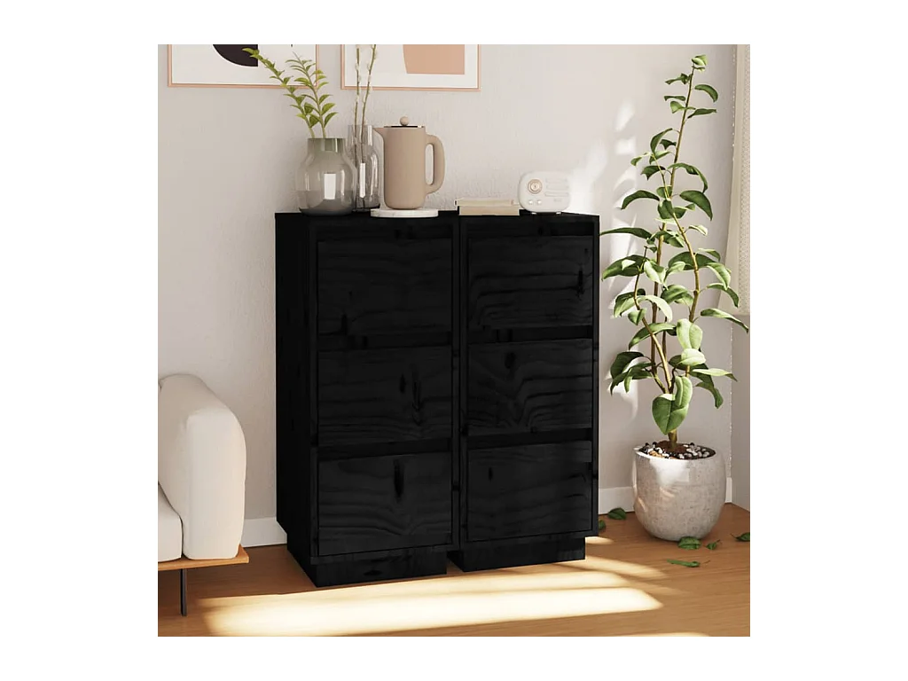 Buffets 2 pcs Noir 32x34x75 cm Bois massif de pin
