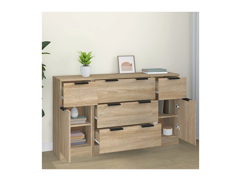 Set da buffet da 3 pezzi in legno ingegnerizzato Sonoma Oak