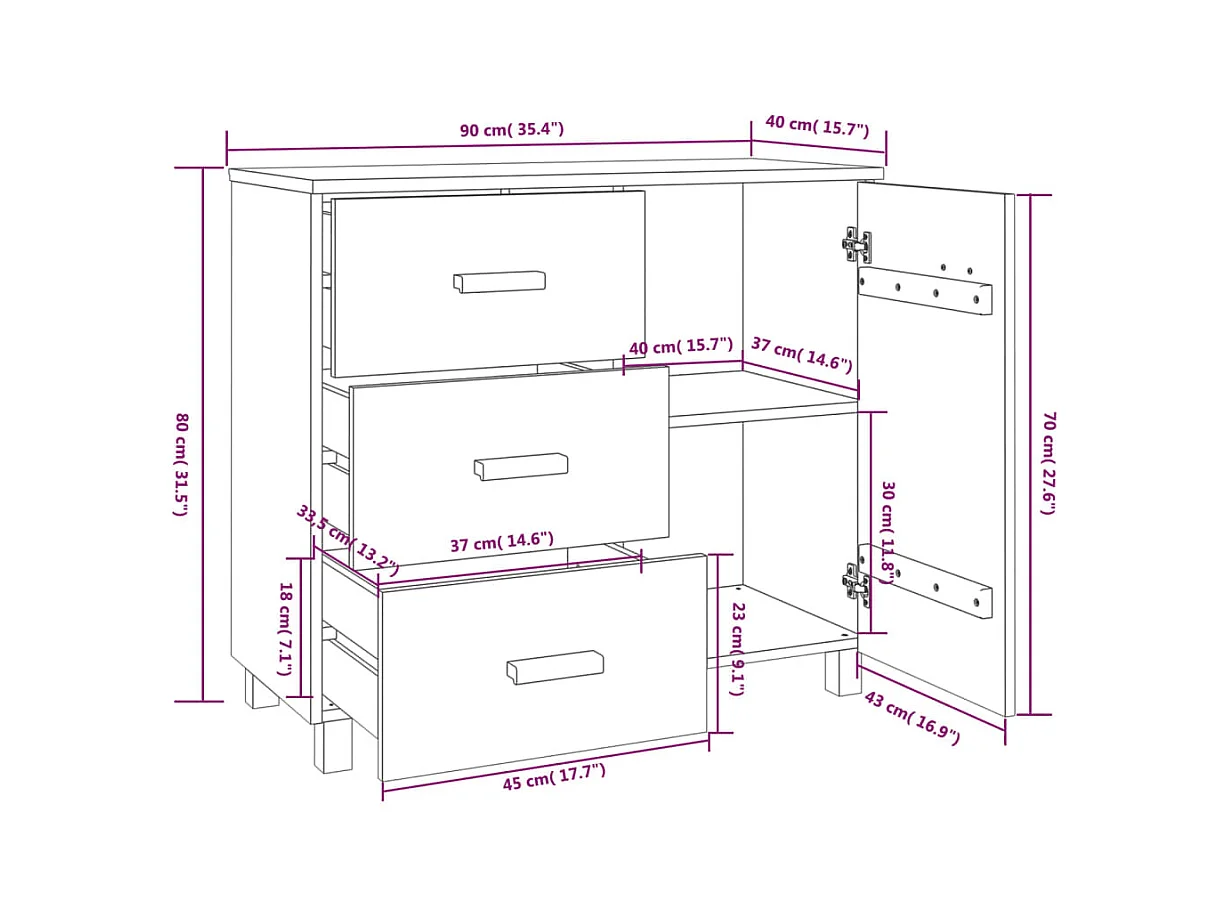 Buffet HAMAR Gris clair 90x40x80 cm Bois massif de pin