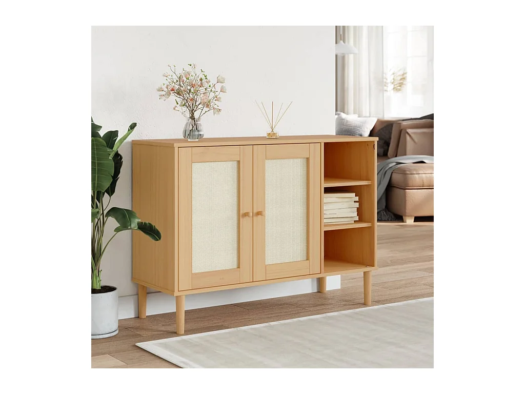 Buffet aspect rotin marron 112x40x80cm bois massif de pin