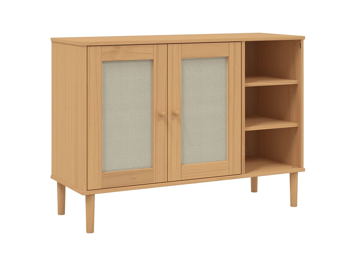 Buffet aspect rotin marron 112x40x80cm bois massif de pin