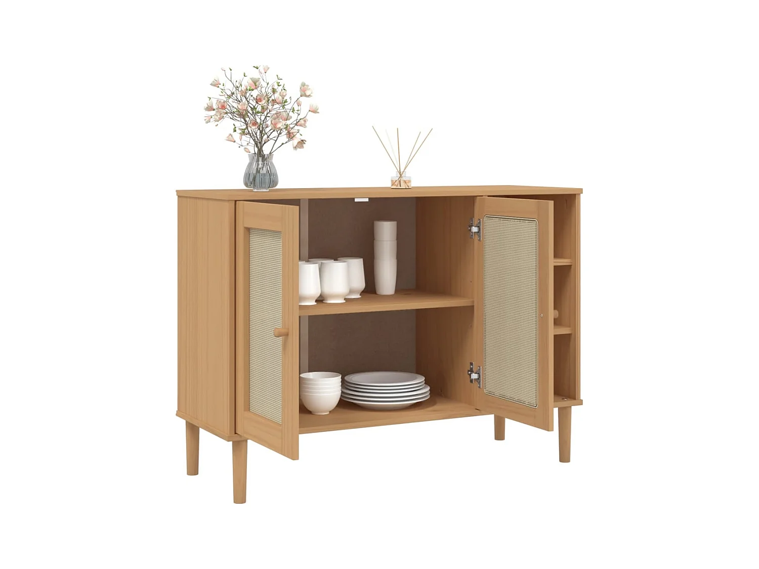 Buffet aspect rotin marron 112x40x80cm bois massif de pin