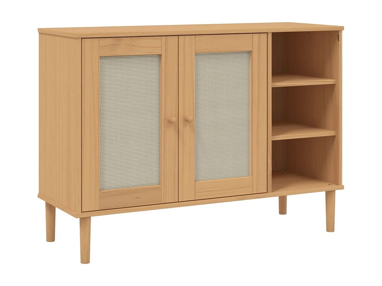 Buffet aspect rotin marron 112x40x80cm bois massif de pin