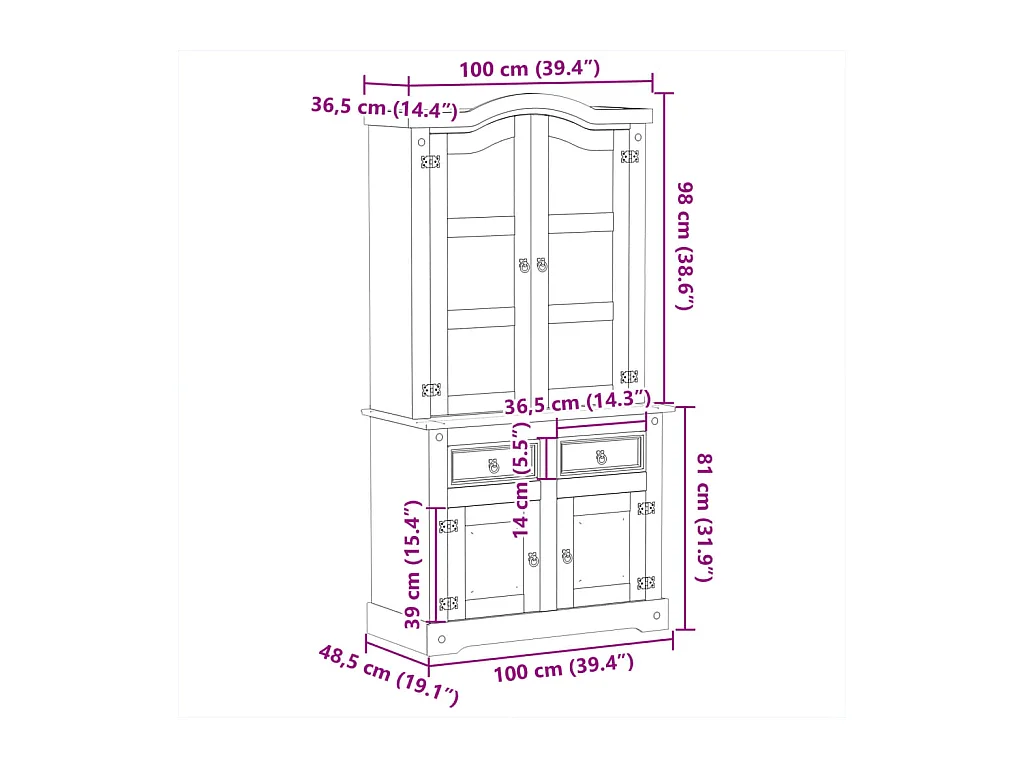 Vitrine en verre Corona 100x48,5x179 cm bois massif de pin