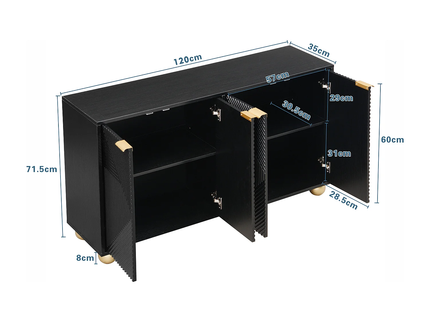 Buffet noir à 4 portes, étagères réglables, dimensions 120x35x71,5 cm