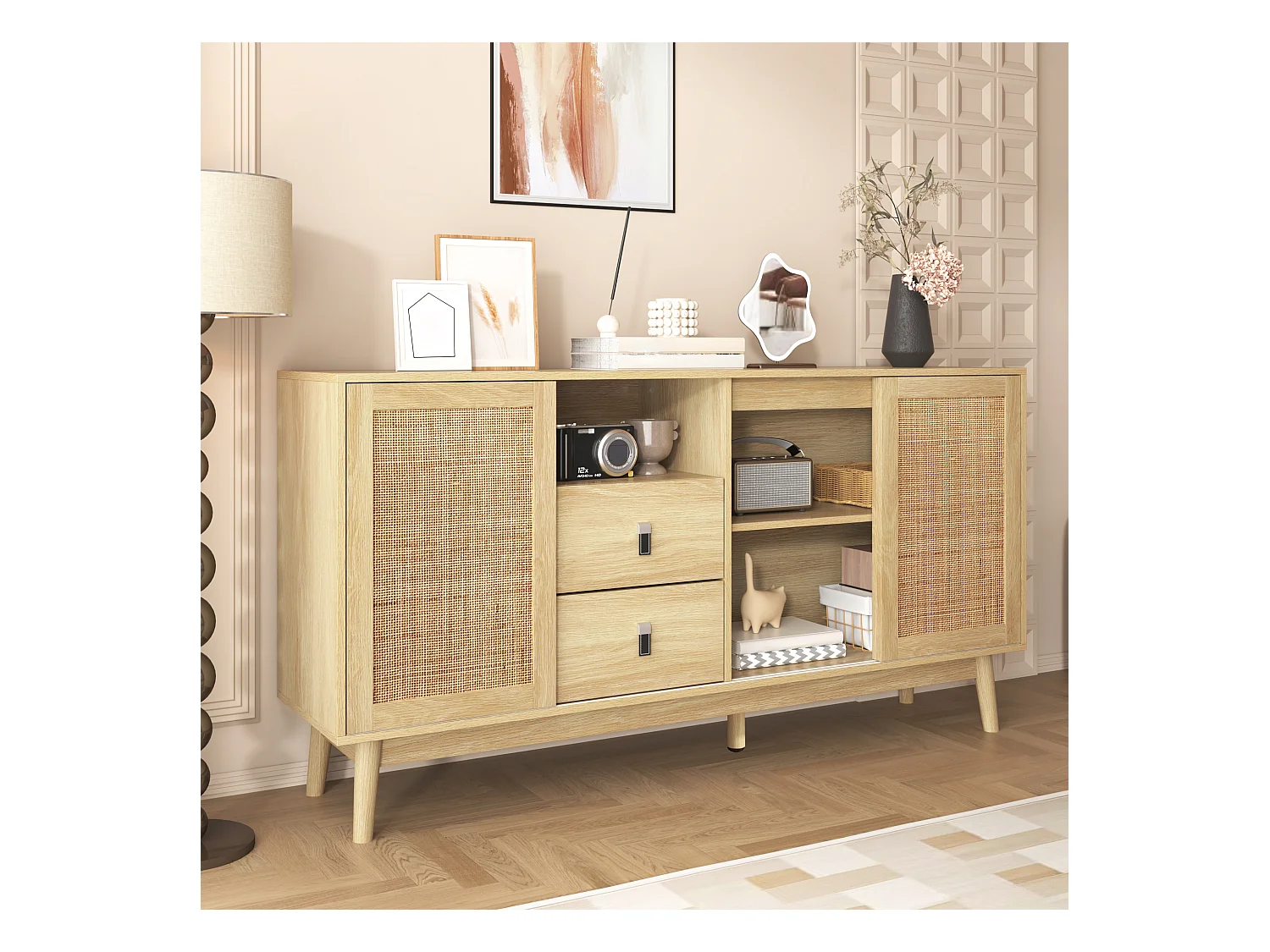 Buffet en bois avec 3 portes et 2 tiroirs pour un rangement multifonctionnel 155x38x80 cm