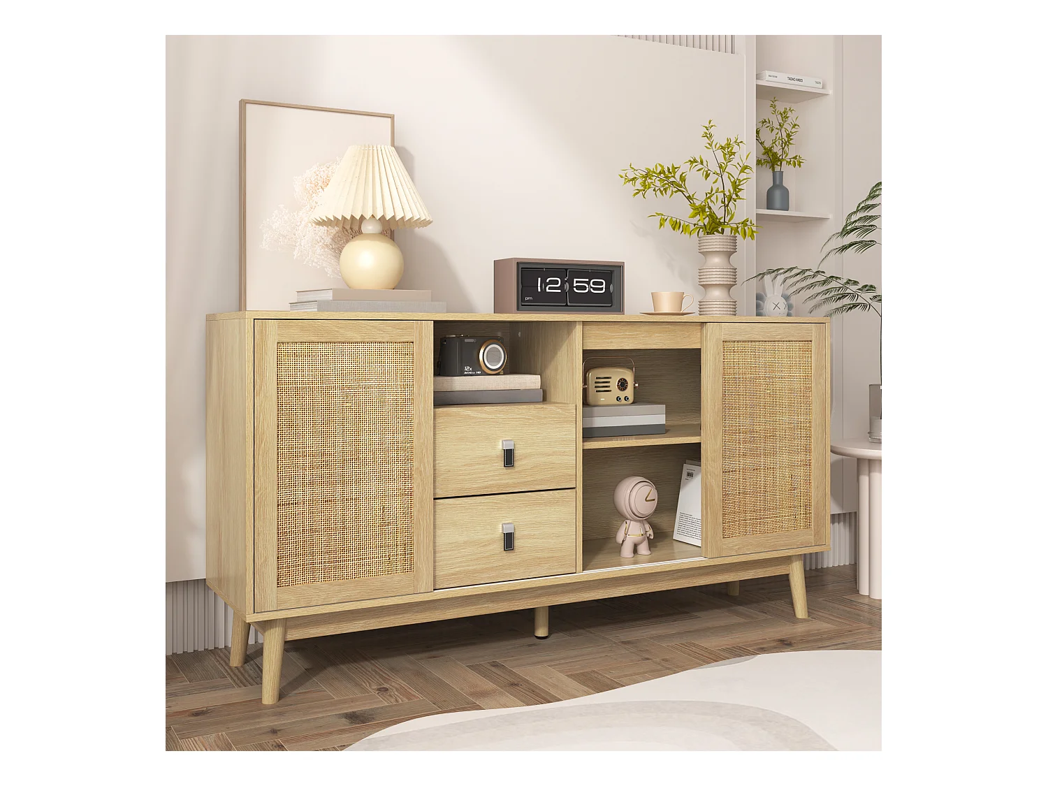 Buffet en bois avec 3 portes et 2 tiroirs pour un rangement multifonctionnel 155x38x80 cm