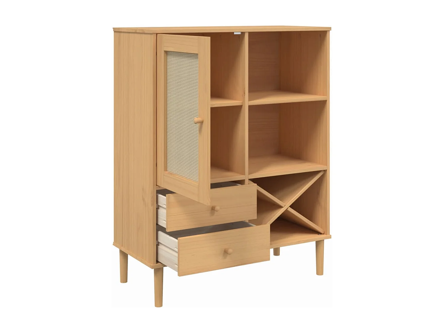 Buffet aspect rotin marron 90x40x112cm bois massif de pin