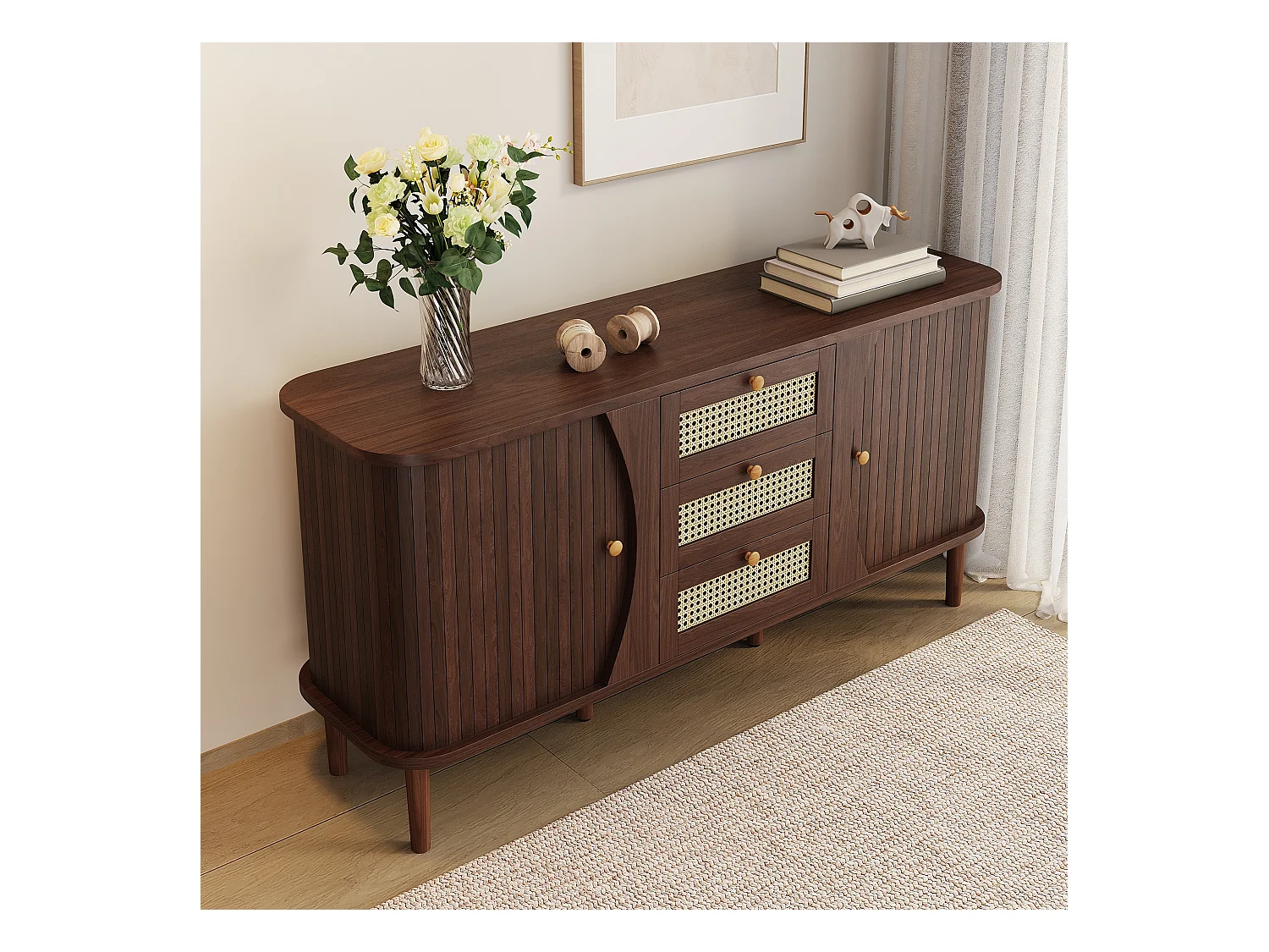 Buffet naturel Commode à portes coulissantes, étagères réglables 140,5 x 40 x 76 cm