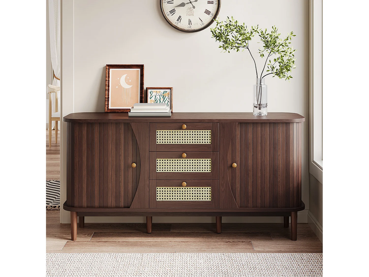 Buffet naturel Commode à portes coulissantes, étagères réglables 140,5 x 40 x 76 cm