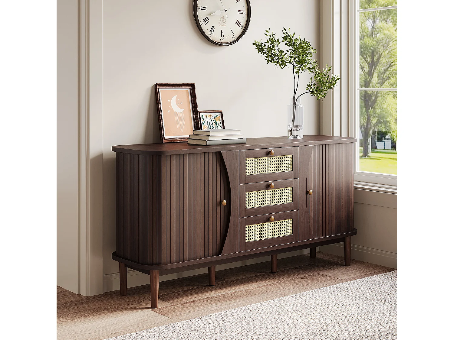 Buffet naturel Commode à portes coulissantes, étagères réglables 140,5 x 40 x 76 cm