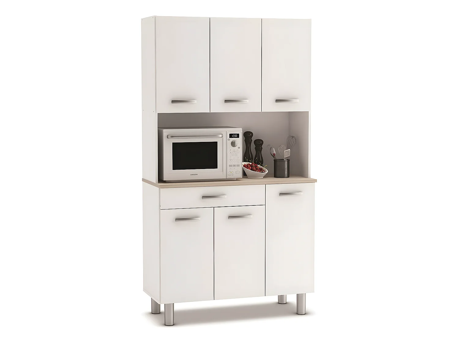 Buffet de cuisine / meuble de cuisine coloris Acacia/blanc mat - 101 x 185,3 x 42,3 cm