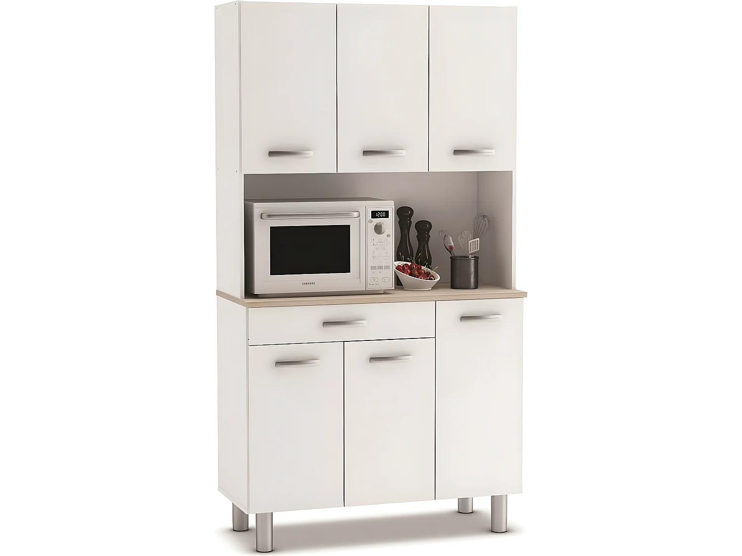 Buffet de cuisine / meuble de cuisine coloris Acacia/blanc mat - 101 x 185,3 x 42,3 cm