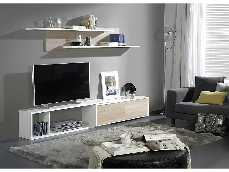 Ensemble TV extensible coloris Blanc / Chêne Cambrian - longueur 155-240 x profondeur 35 cm