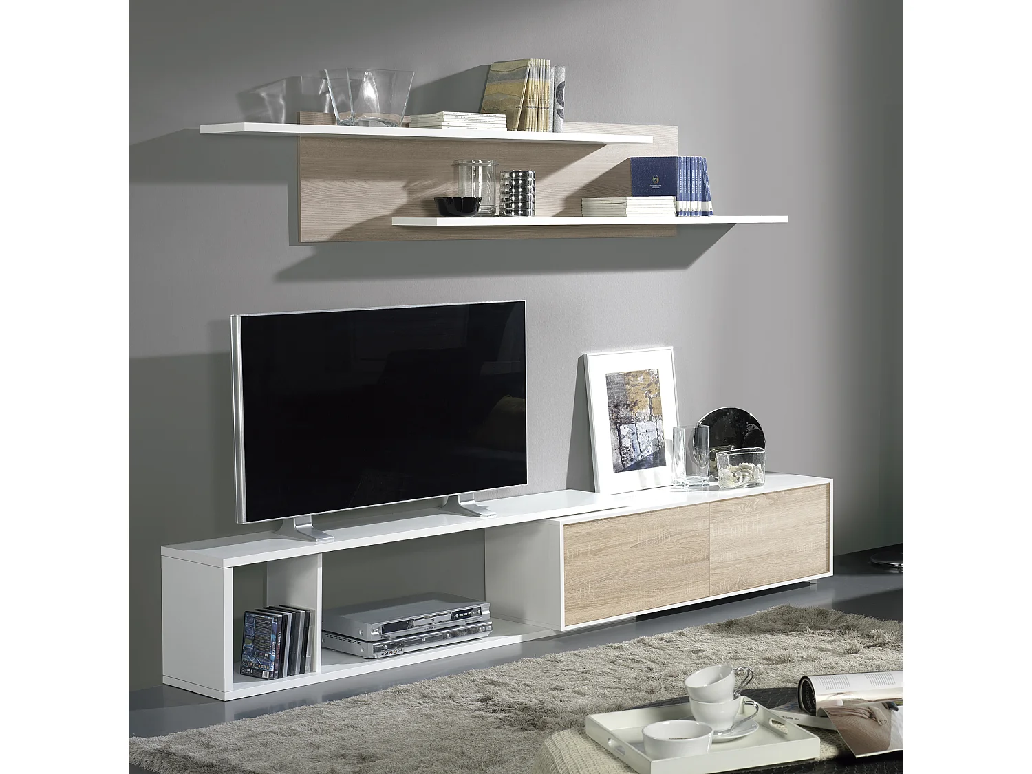 Ensemble TV extensible coloris Blanc / Chêne Cambrian - longueur 155-240 x profondeur 35 cm