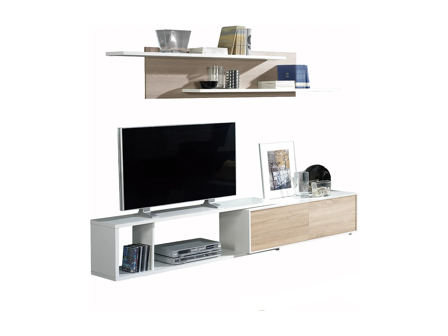 Ensemble TV extensible coloris Blanc / Chêne Cambrian - longueur 155-240 x profondeur 35 cm