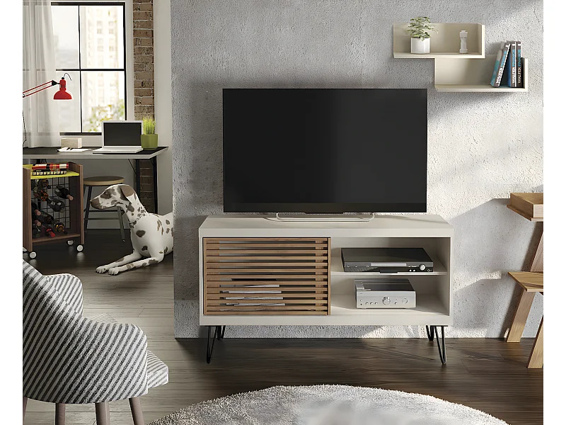 Meuble TV avec 1 porte coulissante coloris Beige / Chêne Buriti - longueur 120 x profondeur 33 x hauteur 65 cm