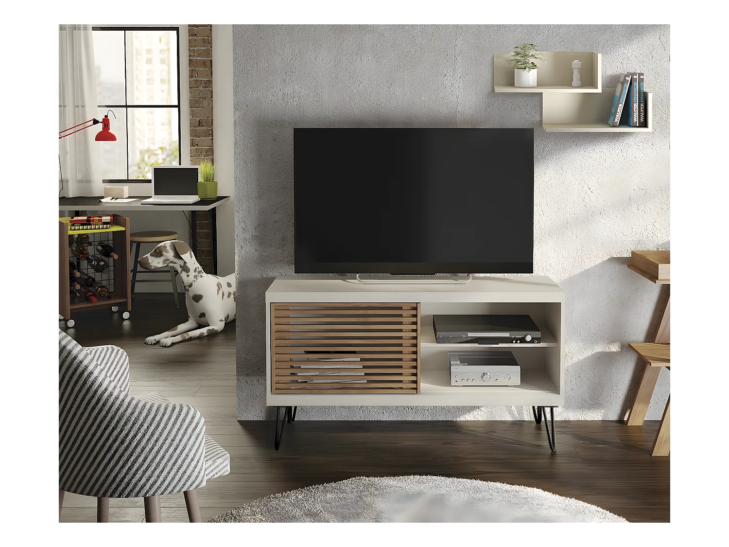 Meuble TV avec 1 porte coulissante coloris Beige / Chêne Buriti - longueur 120 x profondeur 33 x hauteur 65 cm