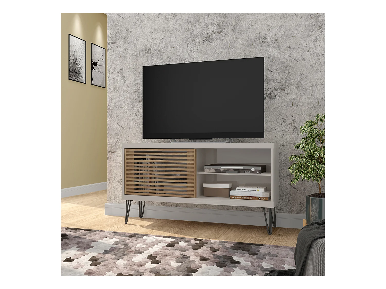 Meuble TV avec 1 porte coulissante coloris Beige / Chêne Buriti - longueur 120 x profondeur 33 x hauteur 65 cm