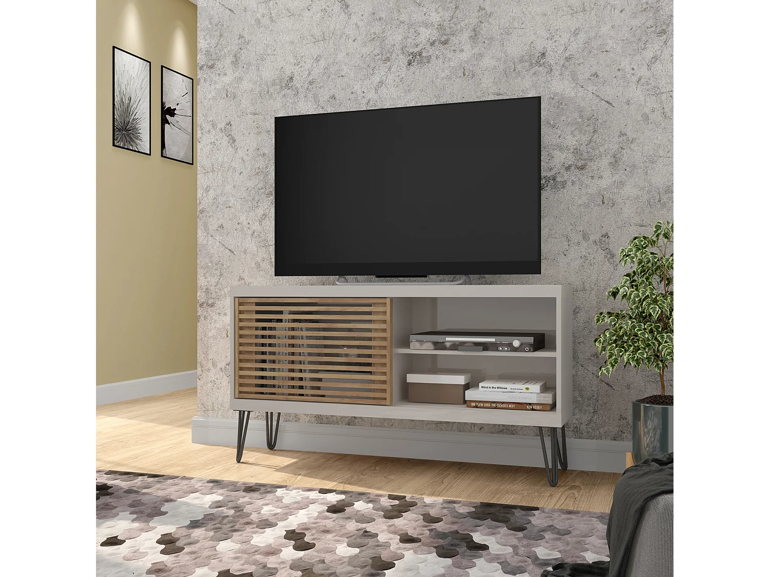 Meuble TV avec 1 porte coulissante coloris Beige / Chêne Buriti - longueur 120 x profondeur 33 x hauteur 65 cm