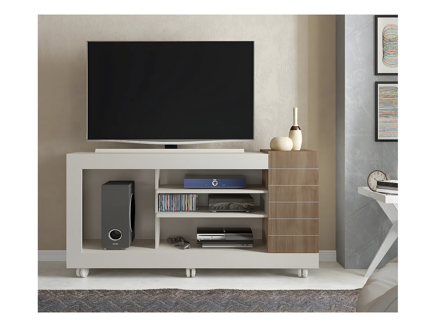 Meuble TV coloris Beige / Chêne Buriti - longueur 150 x profondeur 38 x hauteur 69 cm