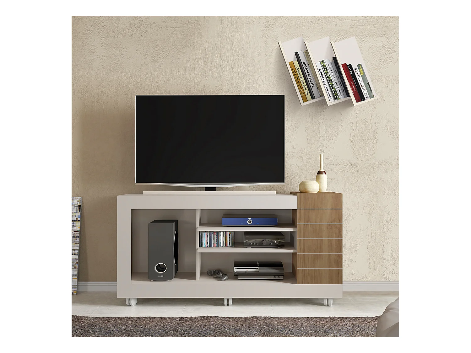 Meuble TV coloris Beige / Chêne Buriti - longueur 150 x profondeur 38 x hauteur 69 cm