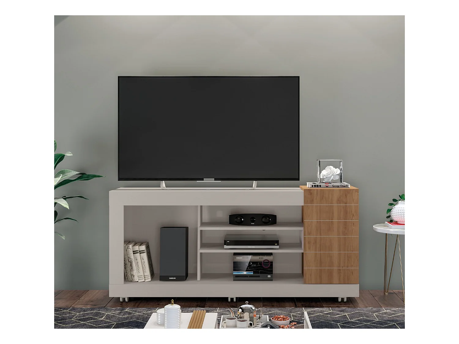 Meuble TV coloris Beige / Chêne Buriti - longueur 150 x profondeur 38 x hauteur 69 cm