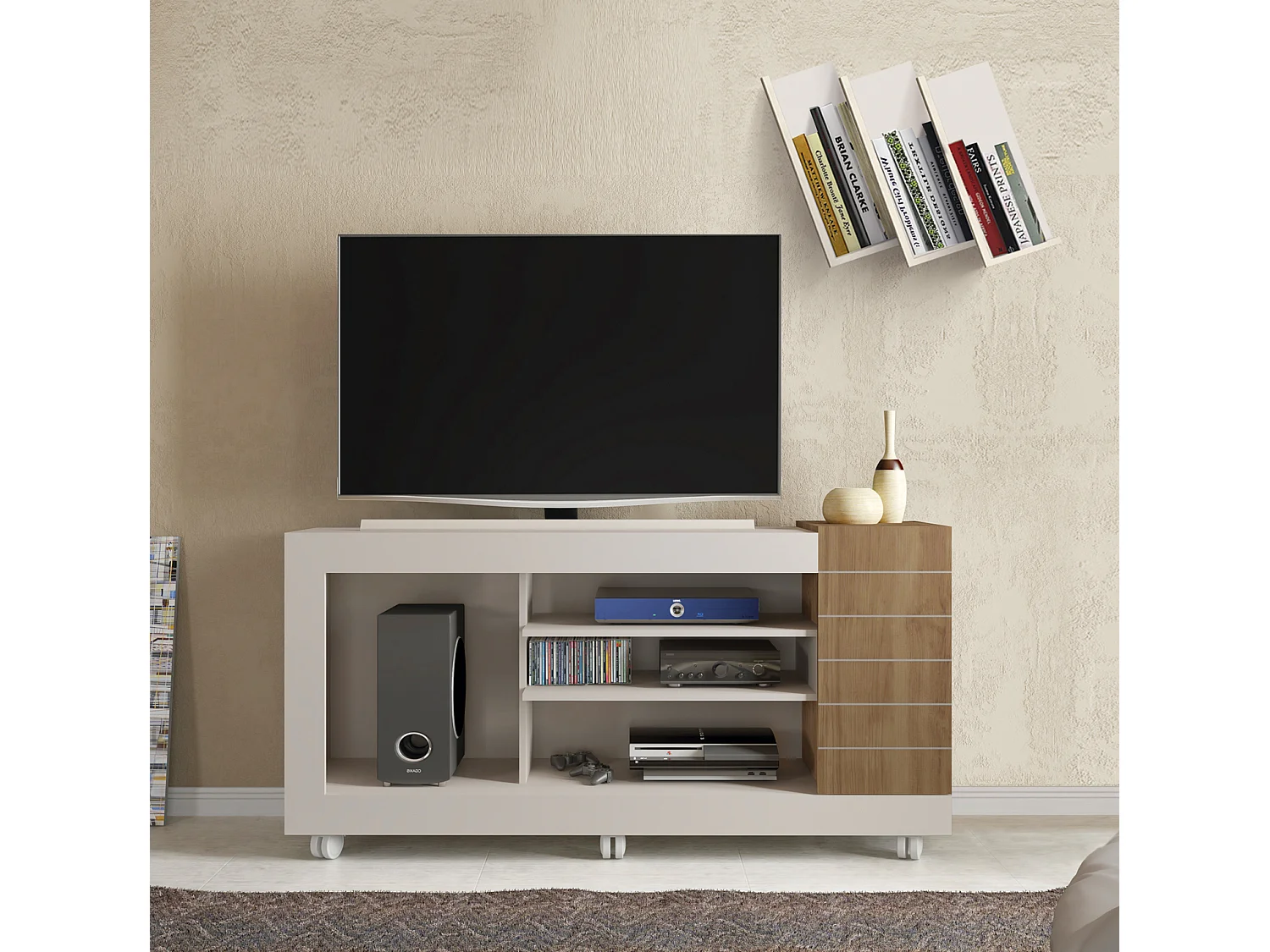 Meuble TV coloris Beige / Chêne Buriti - longueur 150 x profondeur 38 x hauteur 69 cm