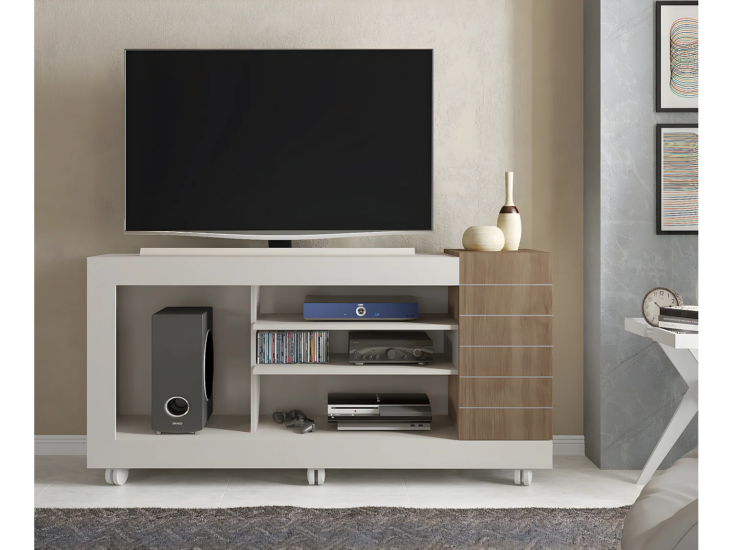 Meuble TV coloris Beige / Chêne Buriti - longueur 150 x profondeur 38 x hauteur 69 cm