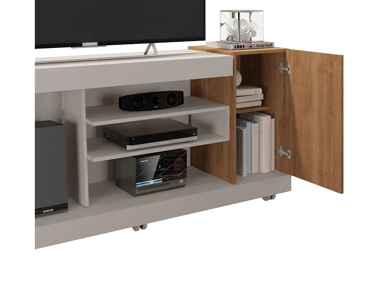 Meuble TV coloris Beige / Chêne Buriti - longueur 150 x profondeur 38 x hauteur 69 cm