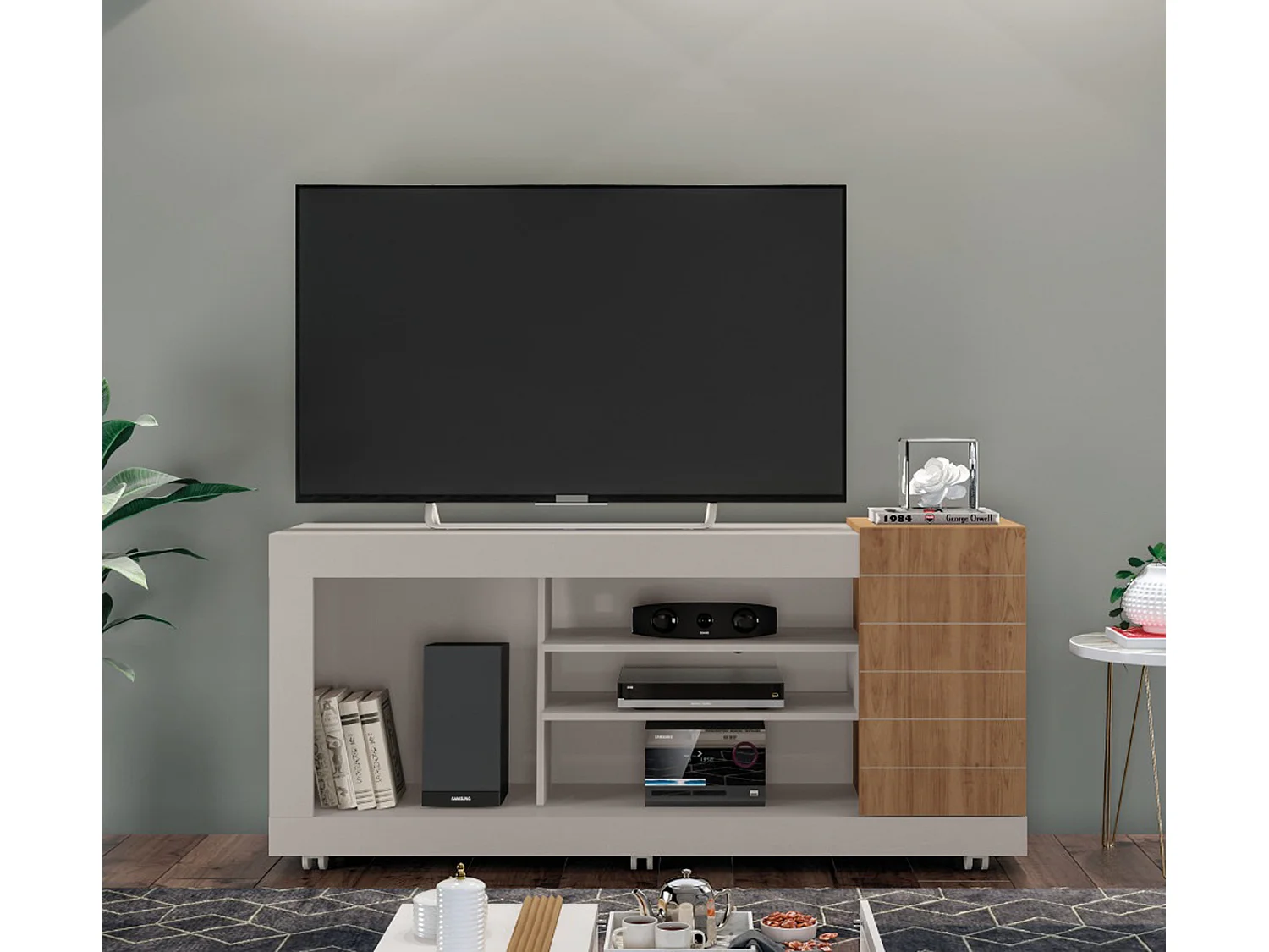 Meuble TV coloris Beige / Chêne Buriti - longueur 150 x profondeur 38 x hauteur 69 cm