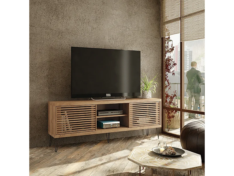 Meuble TV de 2 portes coulissantes coloris Chêne Buriti - longueur 180 x profondeur 33 x hauteur 65 cm