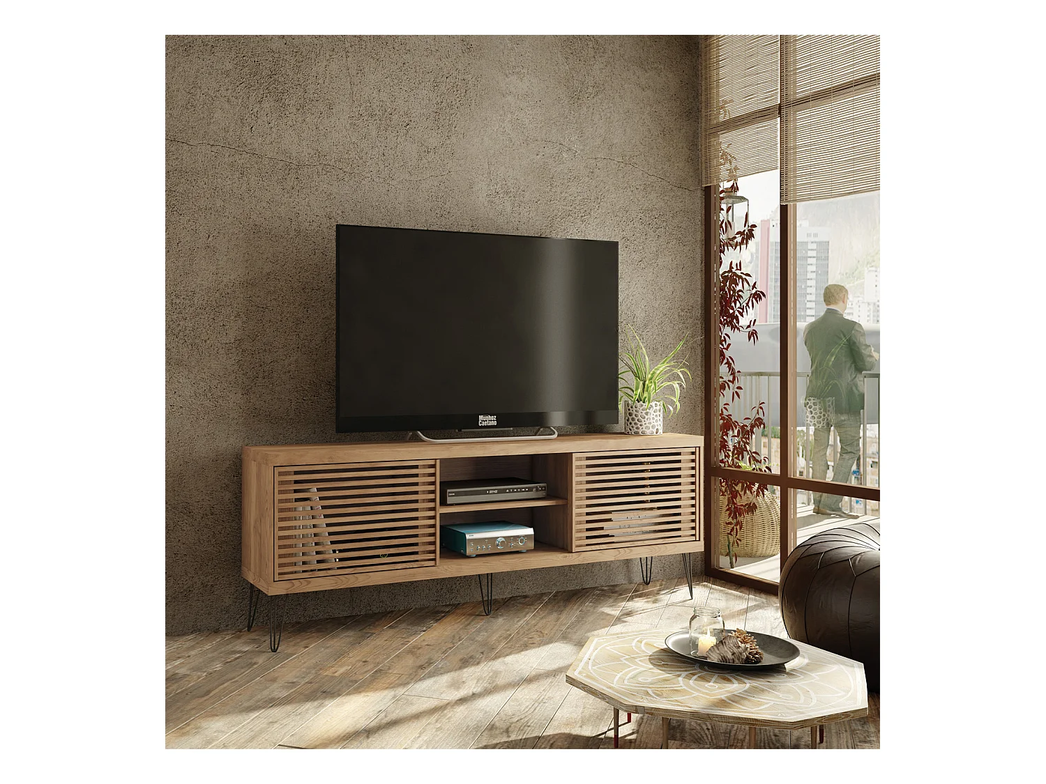 Meuble TV de 2 portes coulissantes coloris Chêne Buriti - longueur 180 x profondeur 33 x hauteur 65 cm